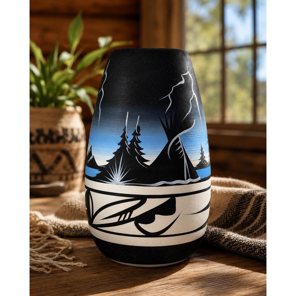 Cedar Mesa Navajo Native American Mountain Storm Series‎ Signed 6" Pottery Vase
